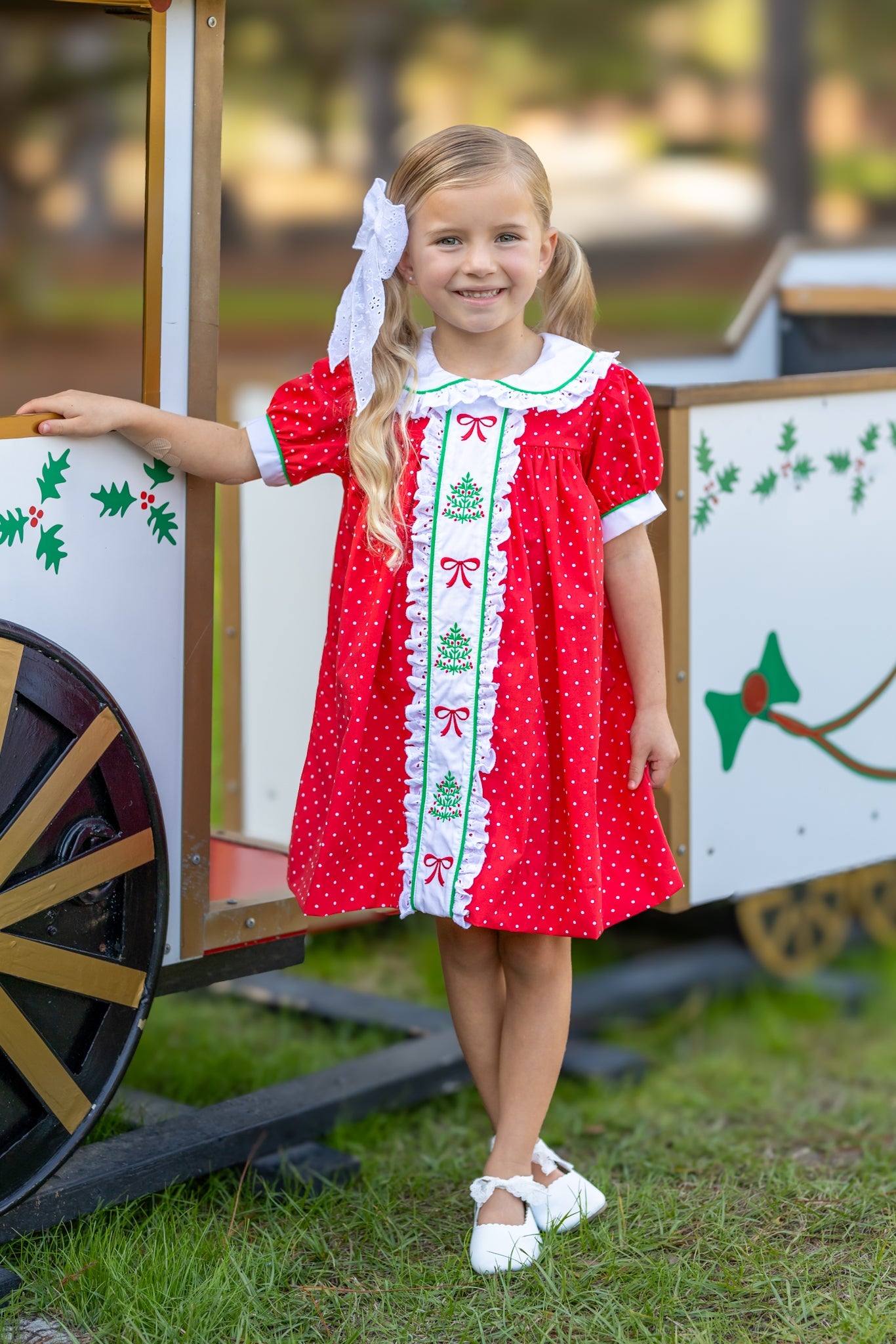 Deck the Halls Red Polka Dot A-Line Dress with Christmas Tree and Bows Embroidery
