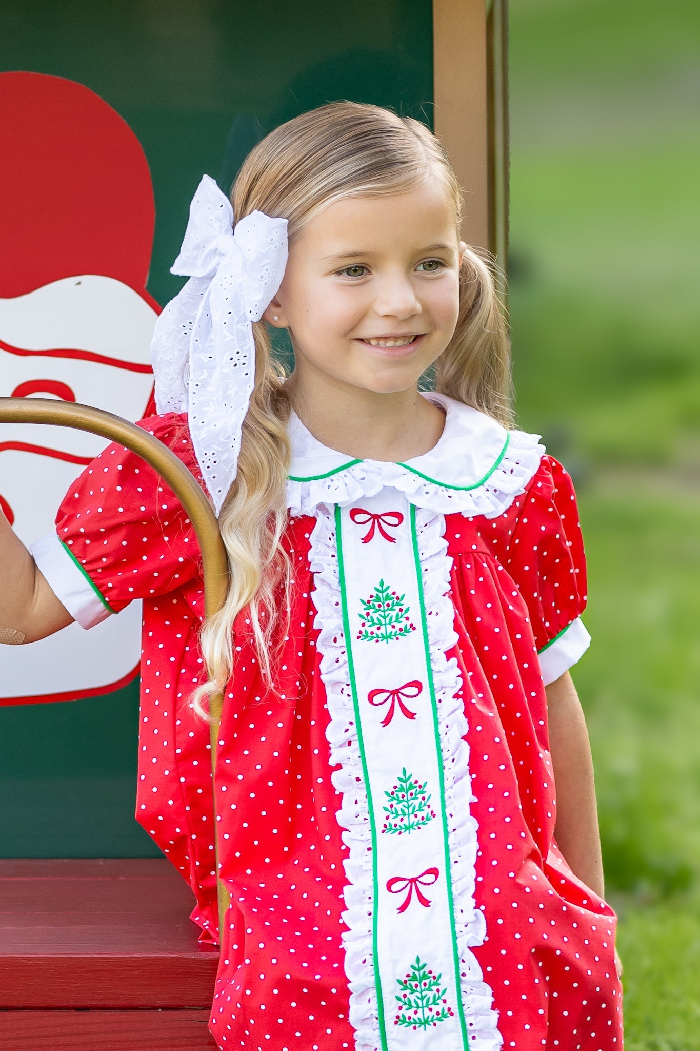 Deck the Halls Red Polka Dot A-Line Dress with Christmas Tree and Bows Embroidery