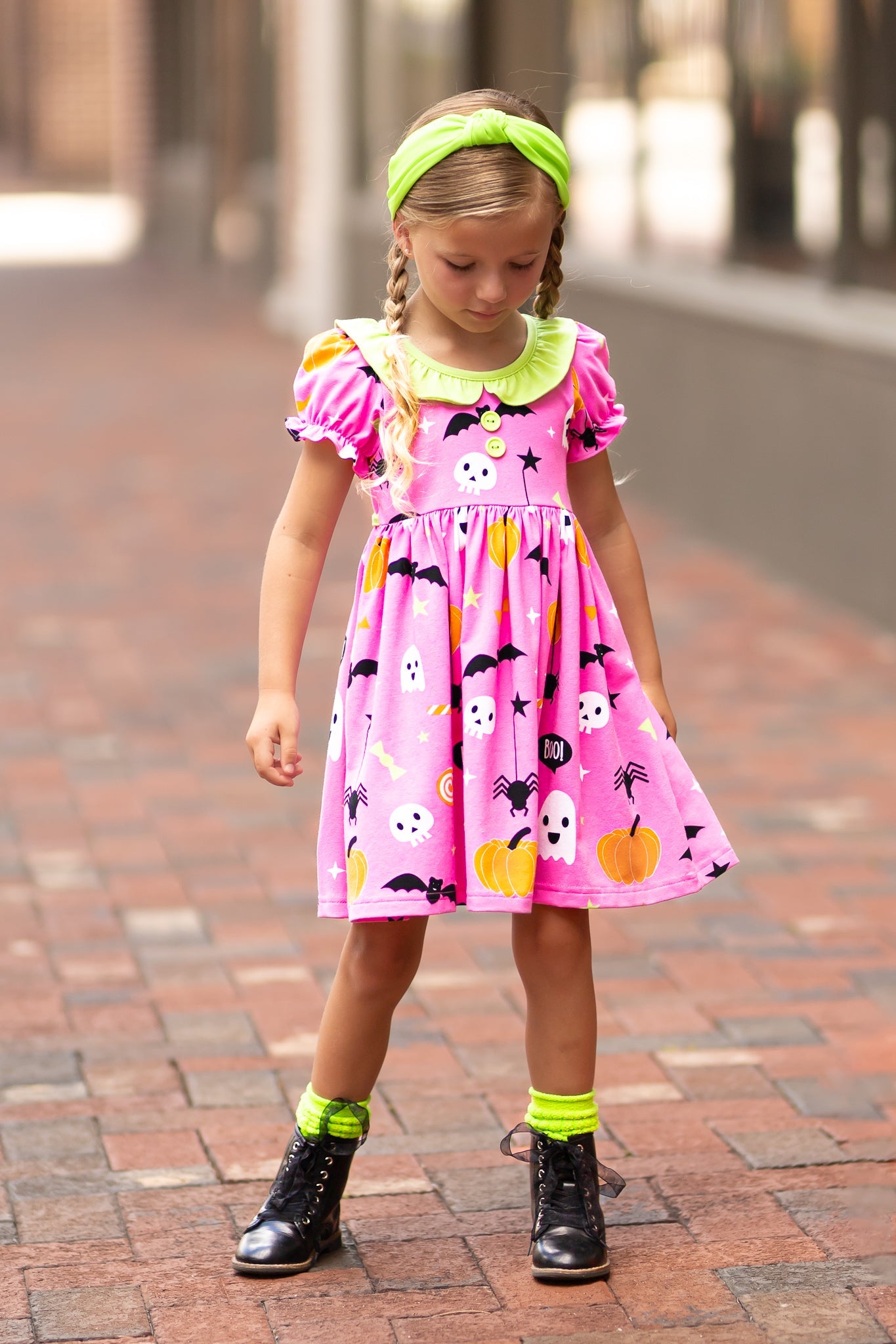 Boo! Pink Knit Halloween Print Swing Dress with Lime Green Ruffle Collar