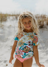 Load image into Gallery viewer, Sophie Pink Tropical Stripe Rash Guard Swimsuit
