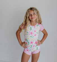 Load image into Gallery viewer, Pink and Yellow Floral Shortie Leotard

