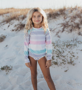 Elsie Pastel Star Fish Long Sleeve Rash Guard Swimsuit
