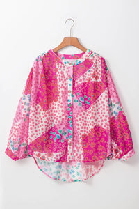 Rose Red Floral Allover Print Buttoned V Neck Oversized Shirt - Image #6