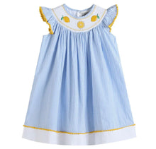 Load image into Gallery viewer, Light Blue Striped Lemons Smocked Bishop Dress - Image #1
