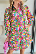 Pink Abstract Printed Lantern Sleeve Buttoned Mini Dress - Image #1