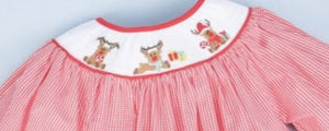 Christmas Deer Smocked Long Gingham Baby Bubble - Image #3