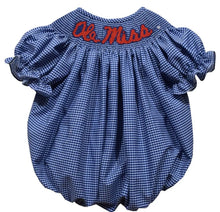 Load image into Gallery viewer, Ready to ship-Ole Miss Rebels Smocked Navy Gingham Short Sleeve Bubble - Image #1
