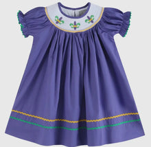 Load image into Gallery viewer, Purple Mardi Gras Smocked Bishop Dress - Image #1
