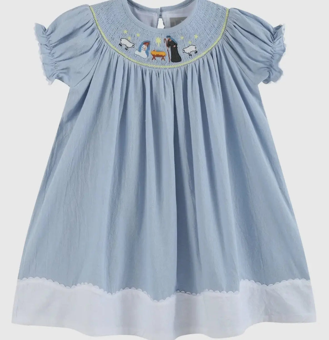 Preorder 8/15-9/15-Light Blue Nativity Smocked Bishop - Image #1