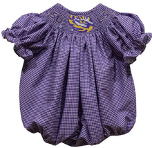 Load image into Gallery viewer, Ready to ship-LSU Tigers Smocked Purple Gingham Bubble - Image #1
