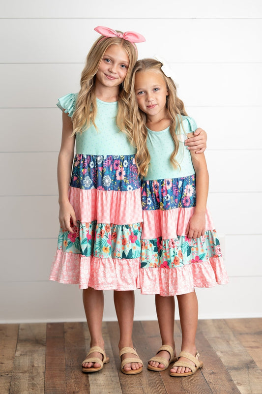 Ava Mint Floral Tiered Dress - Abbies Place