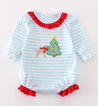 Load image into Gallery viewer, Blue stripe christmas tree puppy applique boy romper - Image #1
