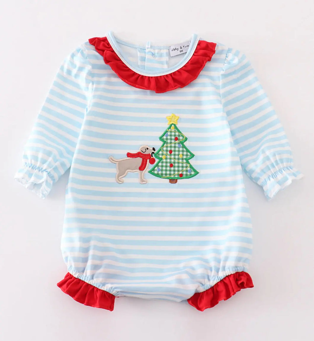 Blue stripe christmas tree puppy applique boy romper - Image #1