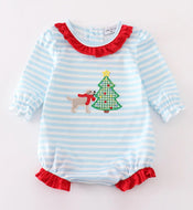 Blue stripe christmas tree puppy applique boy romper - Image #1