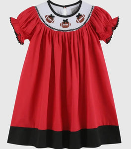 Preorder ETA 7/15-8/15-Red and Black Football Smocked Bishop Dress - Image #1