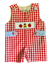 Load image into Gallery viewer, Back To School Crayons And Apples Hand Smocked Gingham Baby Boys Shortalls - Image #8
