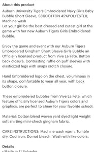 ETA 6/15-Auburn Tigers Embroidered Girls Baby Bubble Charlotte - Image #2