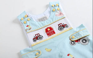 Light Blue Barnyard Print Applique Farm Animal Shortalls - Image #4