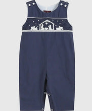 Load image into Gallery viewer, Preorder ETA 8/15-9/15-Dark Blue Nativity Smocked Overalls - Image #1
