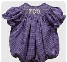 Load image into Gallery viewer, Ready to ship-TCU Horned Frogs Smocked Purple Gingham Short Sleeve Bubble - Image #1
