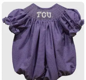 Ready to ship-TCU Horned Frogs Smocked Purple Gingham Short Sleeve Bubble - Image #1