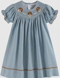 Preorder ETA 7/15-8/15-Light Blue Puppy Smocked Bishop Dress - Image #1