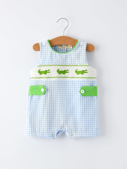 Baby Boys Summer Crocodile Embroidered Smocked Romper - Abbies Place