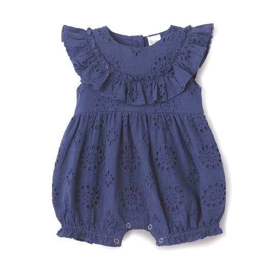 Baby Eyelet Romper Blue Cotton Ruffle One-Piece for Girls - Abbies Place