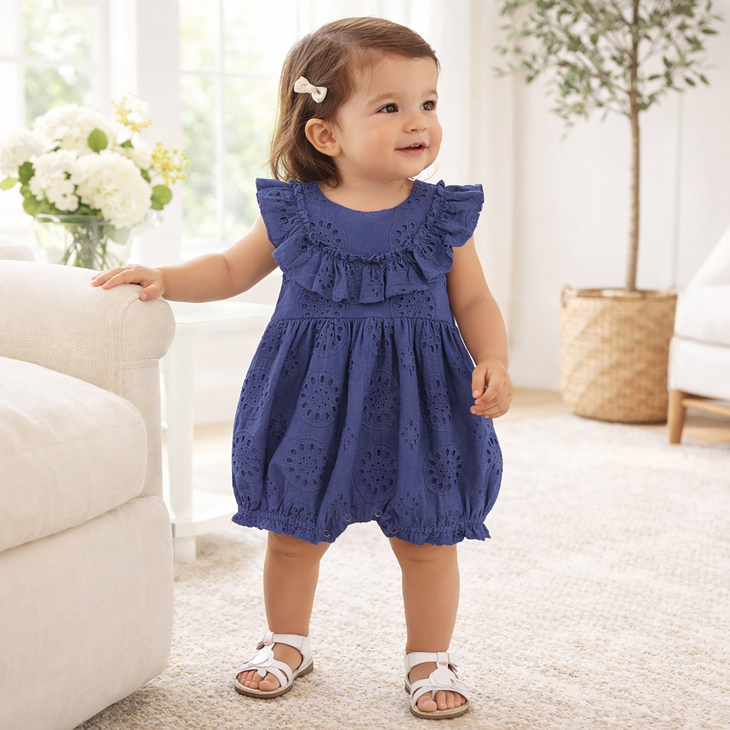 Baby Eyelet Romper Blue Cotton Ruffle One-Piece for Girls - Abbies Place