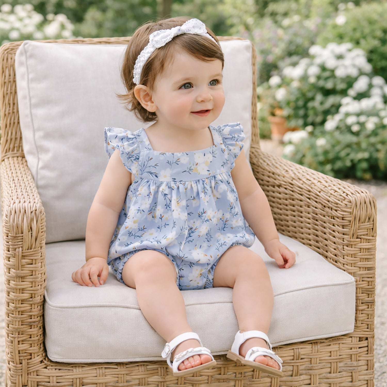 Baby Girl Blue Floral Bubble Romper – Cotton Linen Sunsuit - Abbies Place