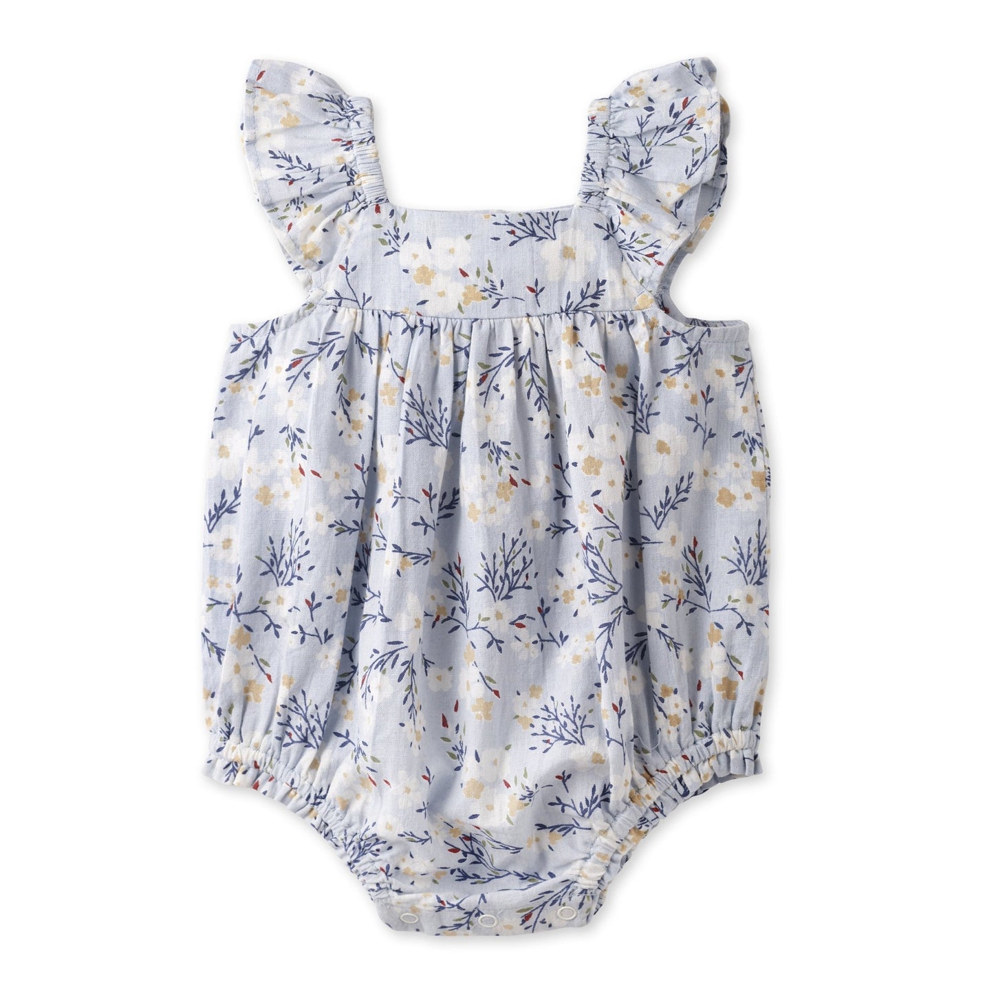 Baby Girl Blue Floral Bubble Romper – Cotton Linen Sunsuit - Abbies Place
