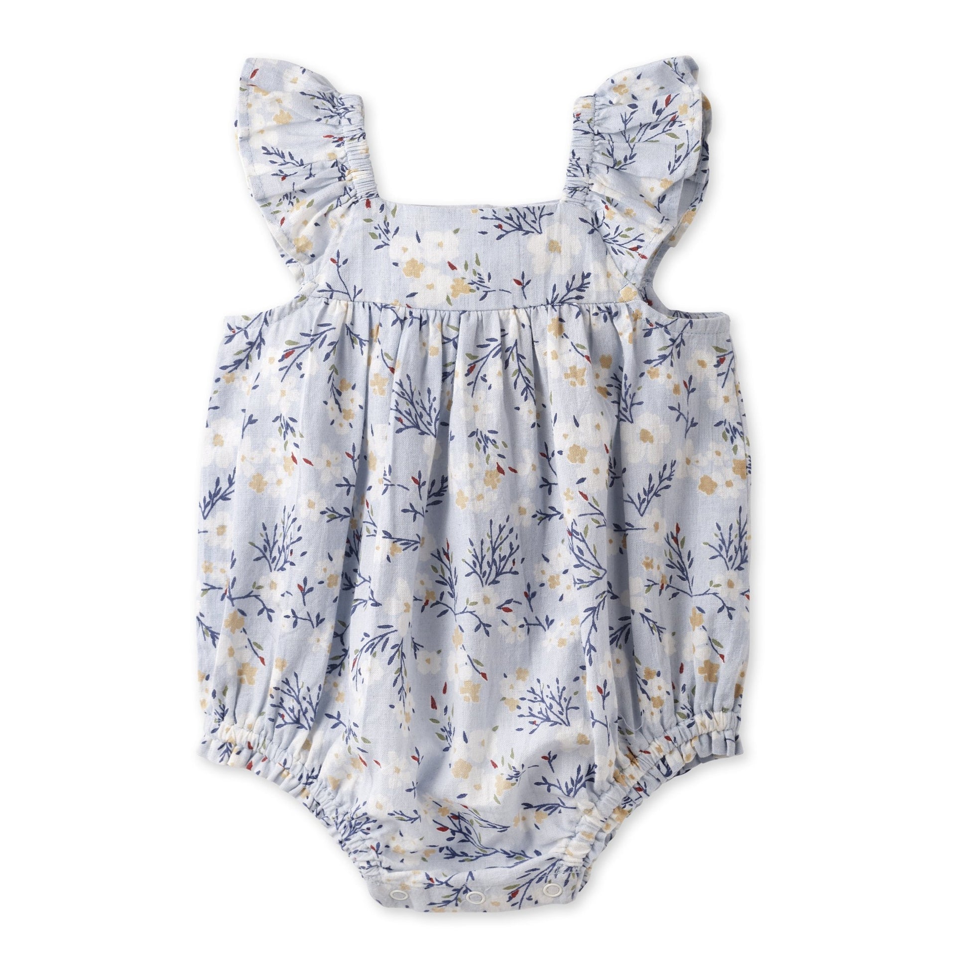 Baby Girl Blue Floral Bubble Romper – Cotton Linen Sunsuit - Abbies Place
