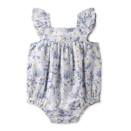 Baby Girl Blue Floral Bubble Romper – Cotton Linen Sunsuit - Abbies Place