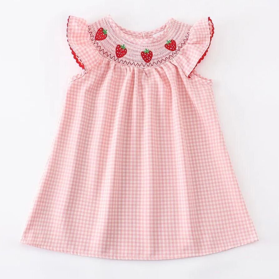 Baby Girls Strawberry Embroidered Plaid Smocked Dress - Abbies Place