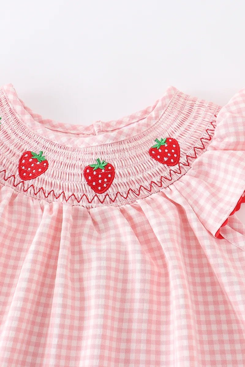 Baby Girls Strawberry Embroidered Plaid Smocked Dress - Abbies Place