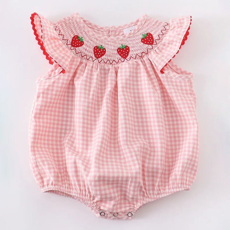 Baby Girls Strawberry Plaid Smocked Romper - Abbies Place