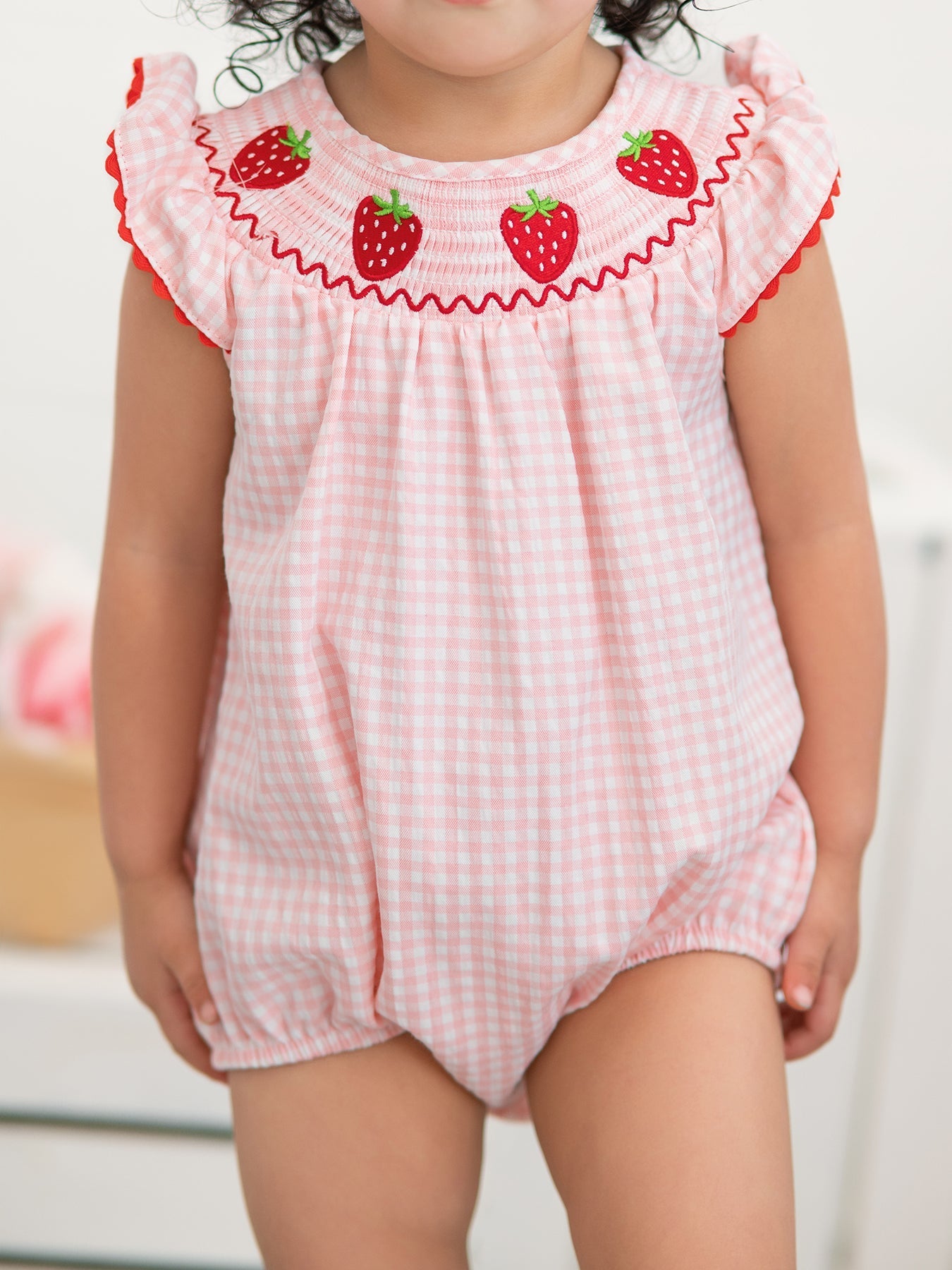 Baby Girls Strawberry Plaid Smocked Romper - Abbies Place