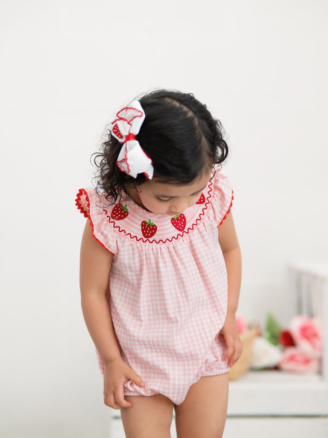 Baby Girls Strawberry Plaid Smocked Romper - Abbies Place