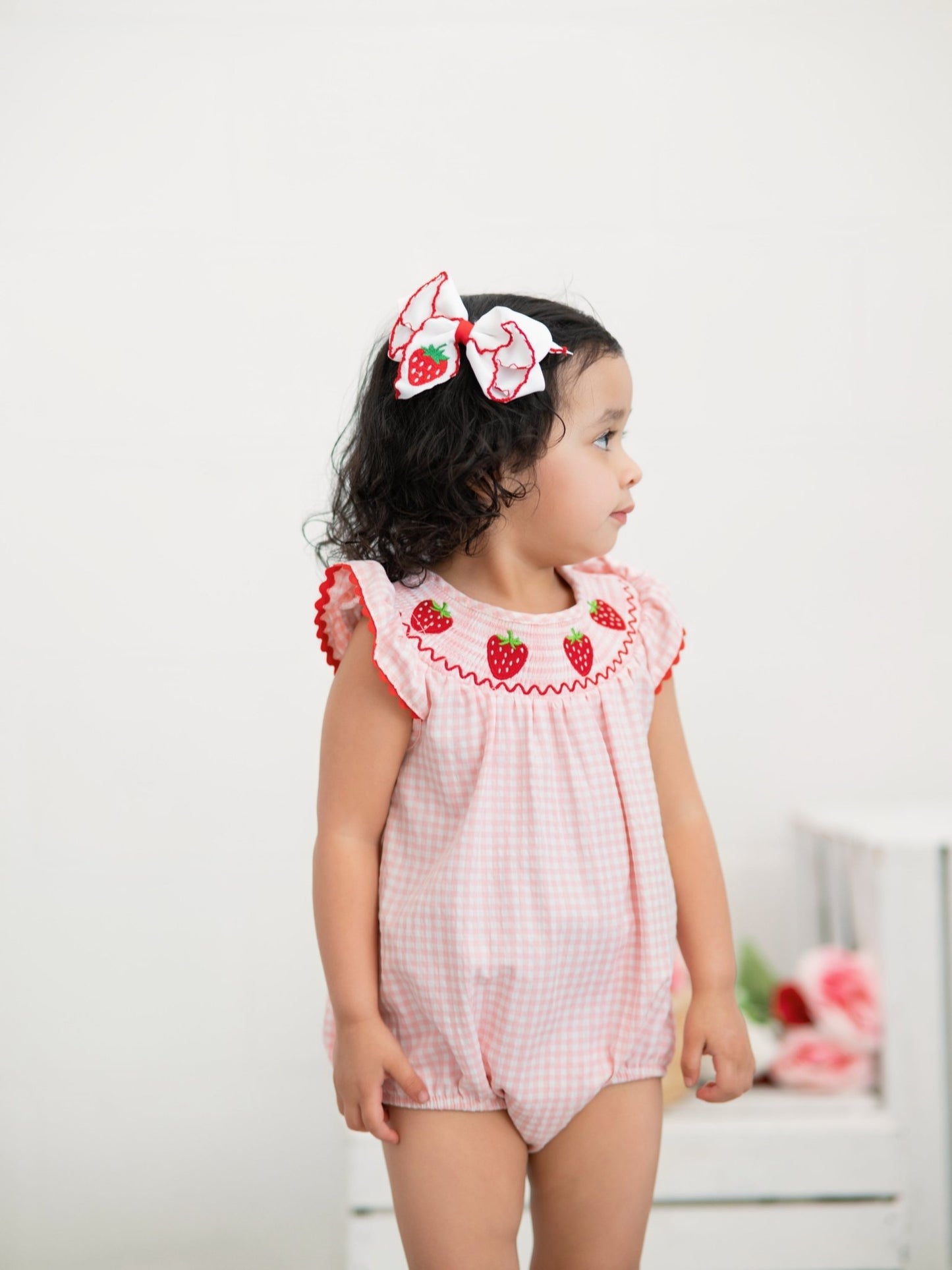Baby Girls Strawberry Plaid Smocked Romper - Abbies Place