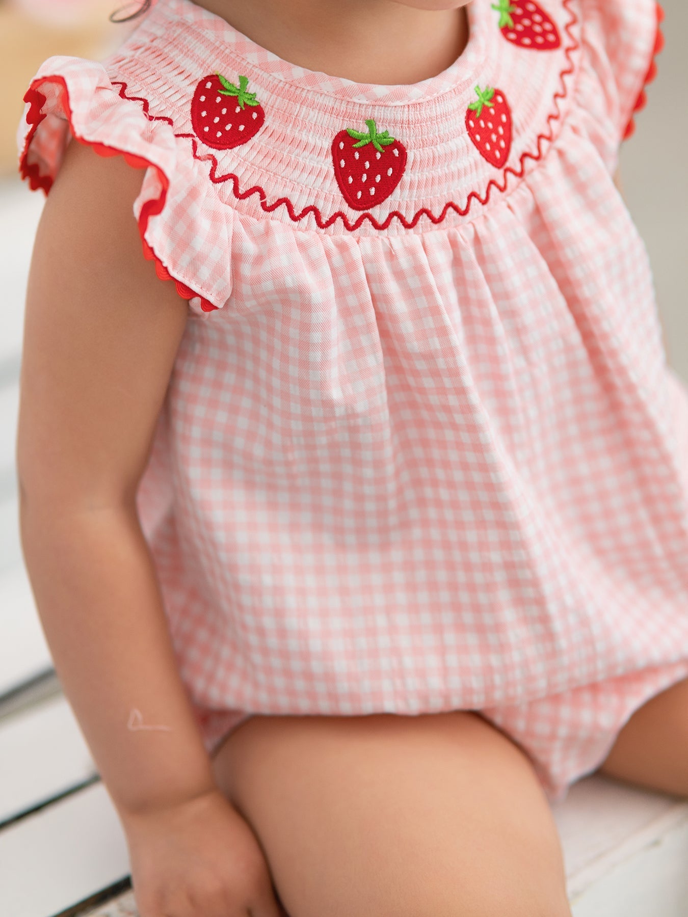Baby Girls Strawberry Plaid Smocked Romper - Abbies Place