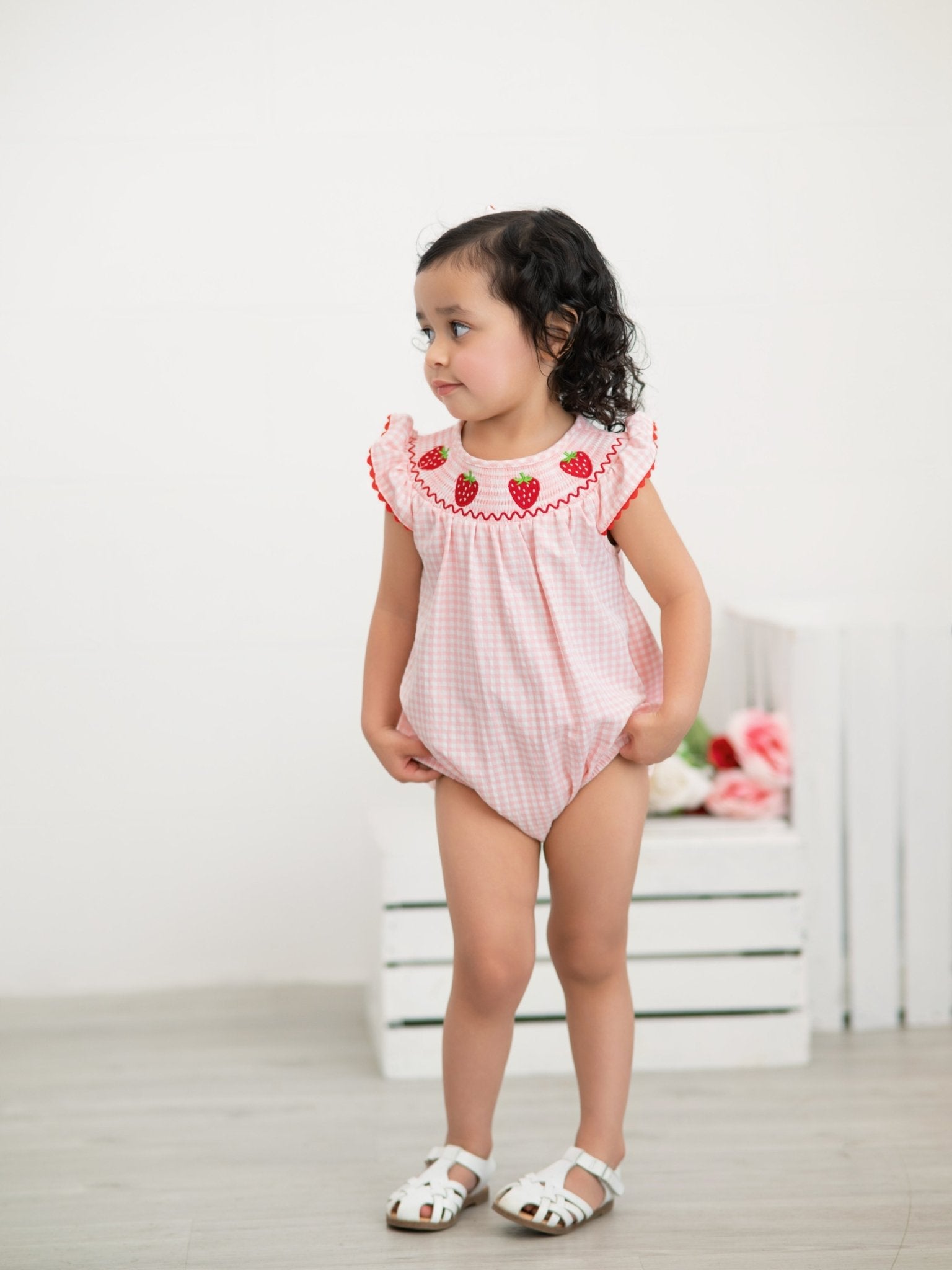 Baby Girls Strawberry Plaid Smocked Romper - Abbies Place