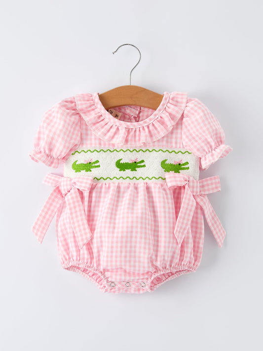 Baby Girls Summer Crocodile Embroidered Smocked Romper - Abbies Place