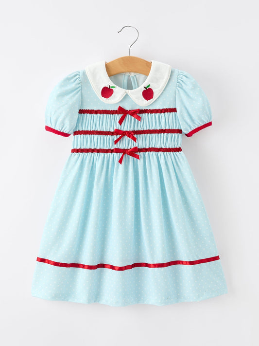 Back to School Apple Applique Girls Dress Petals Collar Bow - Abbies Place