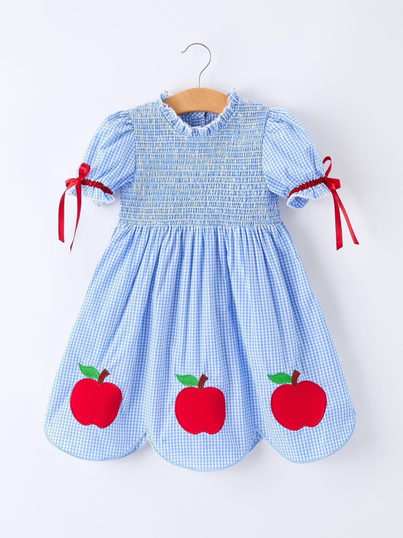Back To School Apple Applique Plaid Girls Dress Smocked - Abbies Place