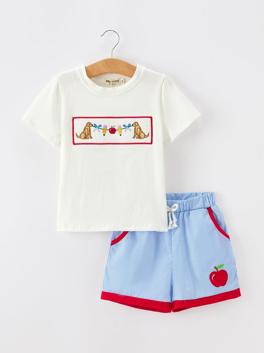 Back To School Apple Pencil Embroidery Boy Top Shorts Set - Abbies Place