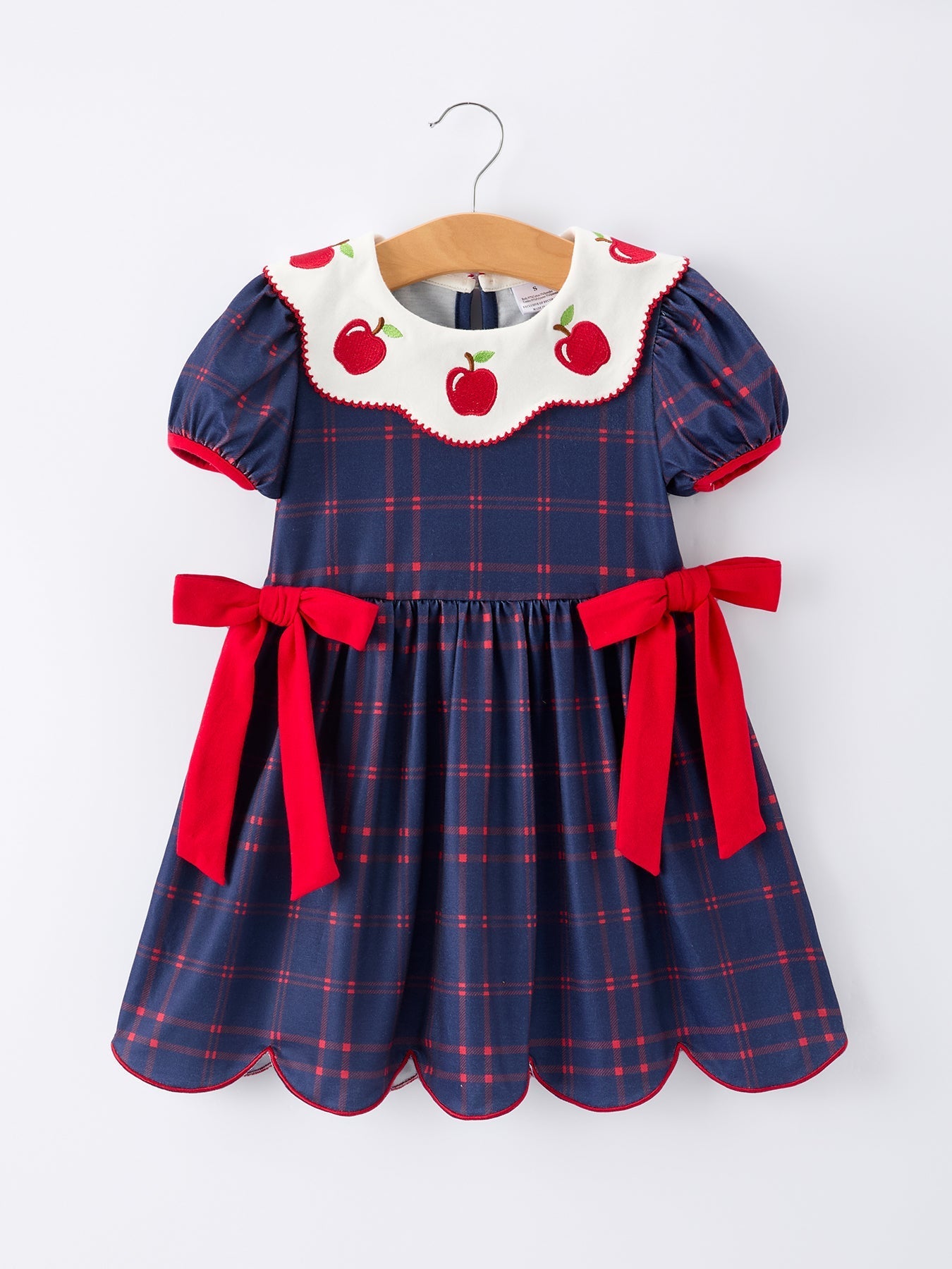 Back To School Apple Plaid Girls Dress Scallop Hem Bow - Abbies Place