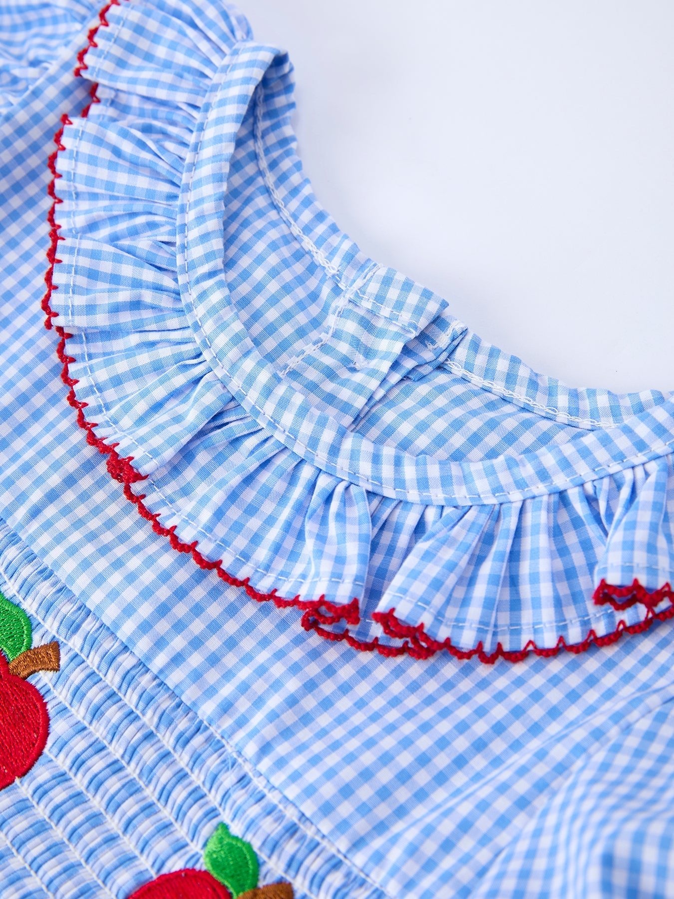 Back To School Apple Plaid Girls Dress Smocked Puff Sleeve Bow - Abbies Place