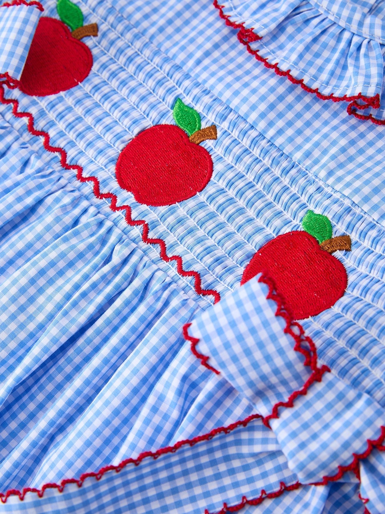 Back To School Apple Plaid Girls Dress Smocked Puff Sleeve Bow - Abbies Place