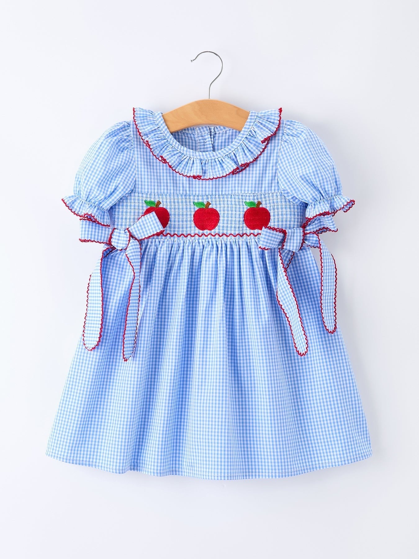 Back To School Apple Plaid Girls Dress Smocked Puff Sleeve Bow - Abbies Place