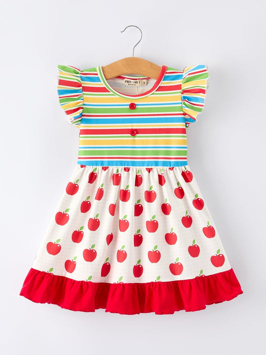 Back to School Apple Stripe Girls Ruffle Dress - Abbies Place